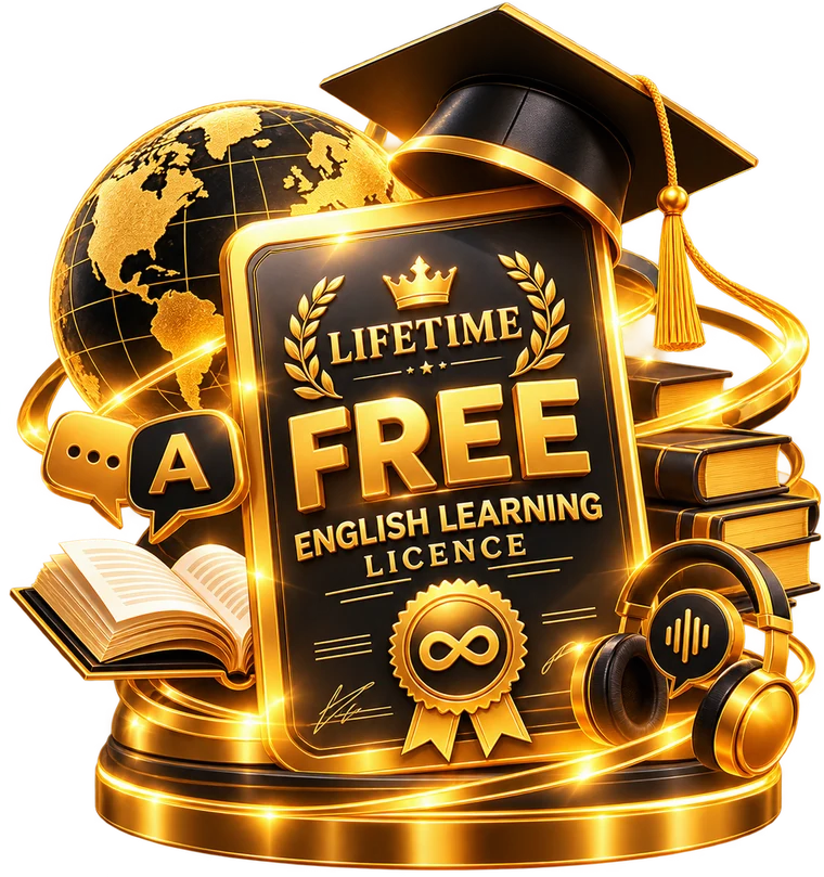Lifetime free English learning licence — gold certificate with a globe, graduation cap, books and headphones